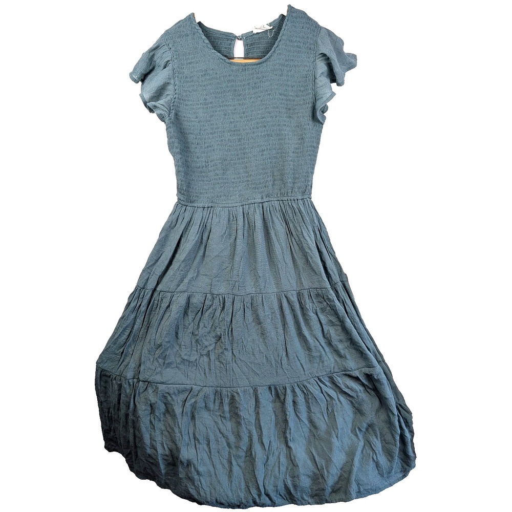 Blu Pepper Midnight Green Summer Tiered Dress Ruffle Sleeve XL Stretch Crepe